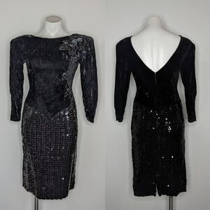 Vintage Flirtations black velvet sequin floral low back dress S